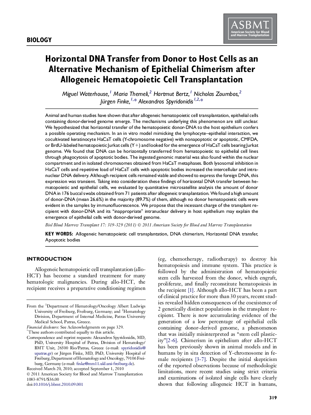 Horizontal DNA Transfer from Donor to Host Cells as an Alternative Mechanism of Epithelial Chimerism after Allogeneic Hematopoietic Cell Transplantation 