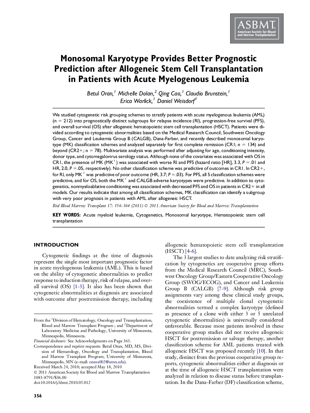 Monosomal Karyotype Provides Better Prognostic Prediction after Allogeneic Stem Cell Transplantation in Patients with Acute Myelogenous Leukemia 