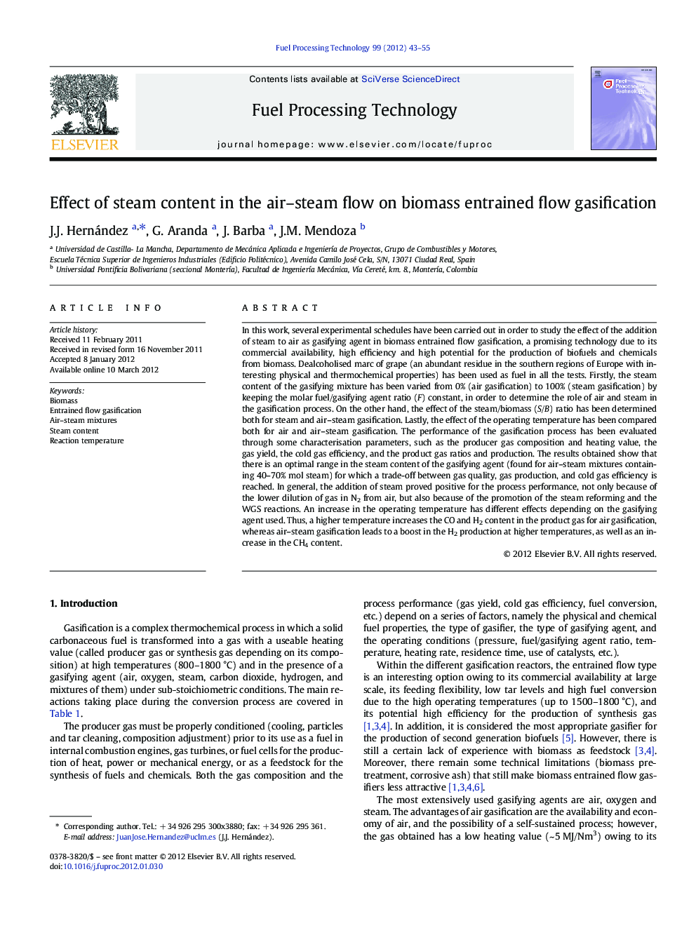 Effect of steam content in the air–steam flow on biomass entrained flow gasification