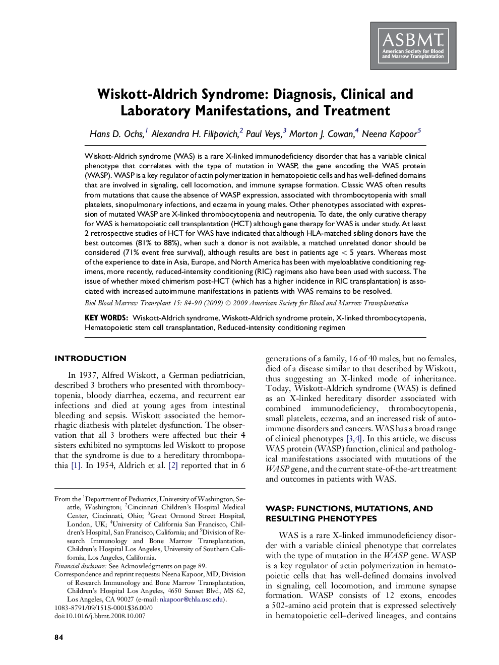 Wiskott-Aldrich Syndrome: Diagnosis, Clinical and Laboratory Manifestations, and Treatment 