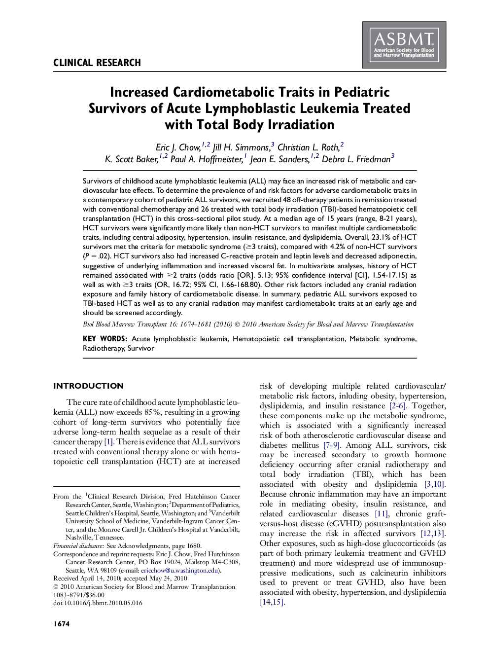 Increased Cardiometabolic Traits in Pediatric Survivors of Acute Lymphoblastic Leukemia Treated with Total Body Irradiation 