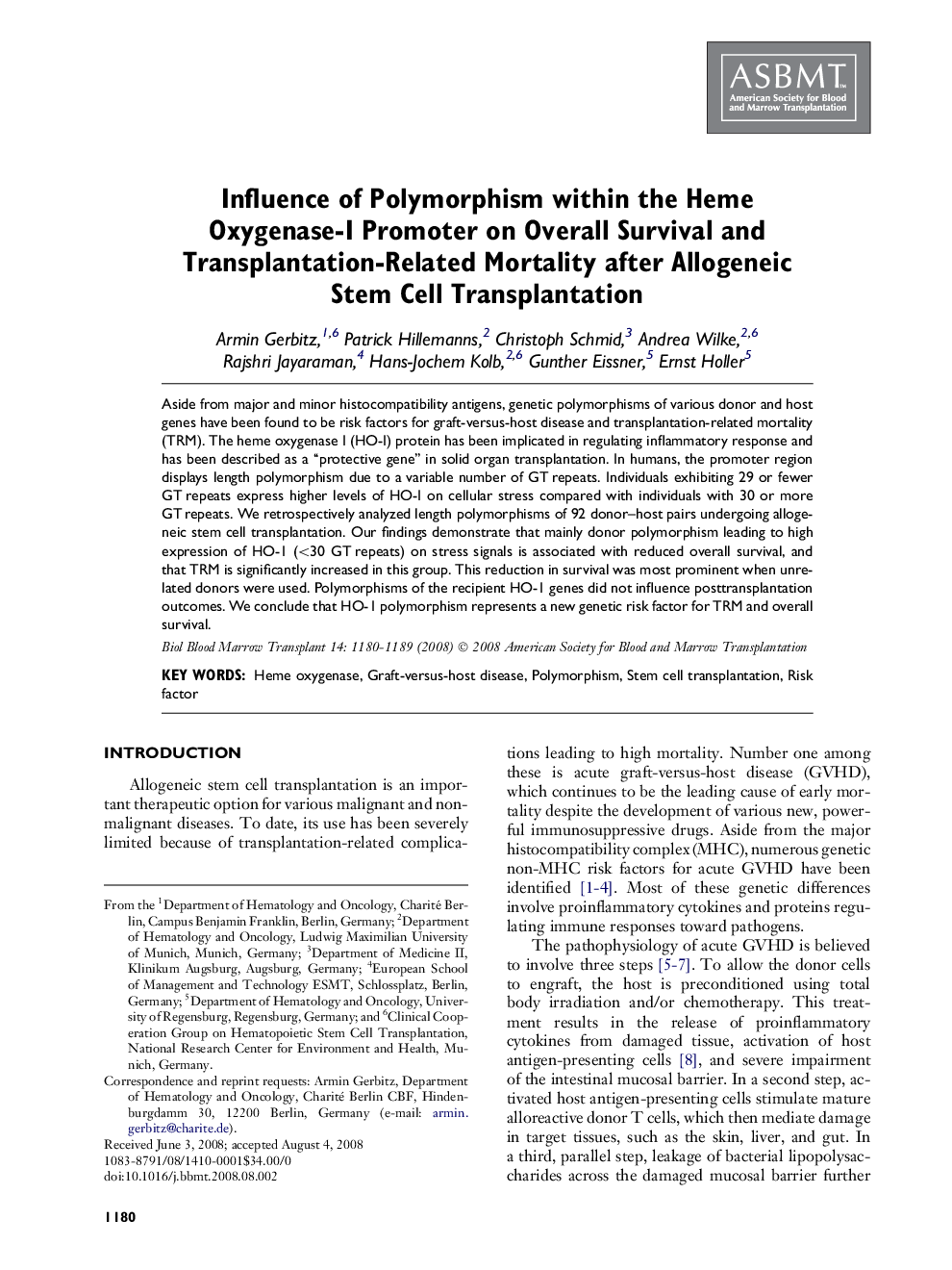 Influence of Polymorphism within the Heme Oxygenase-I Promoter on Overall Survival and Transplantation-Related Mortality after Allogeneic Stem Cell Transplantation