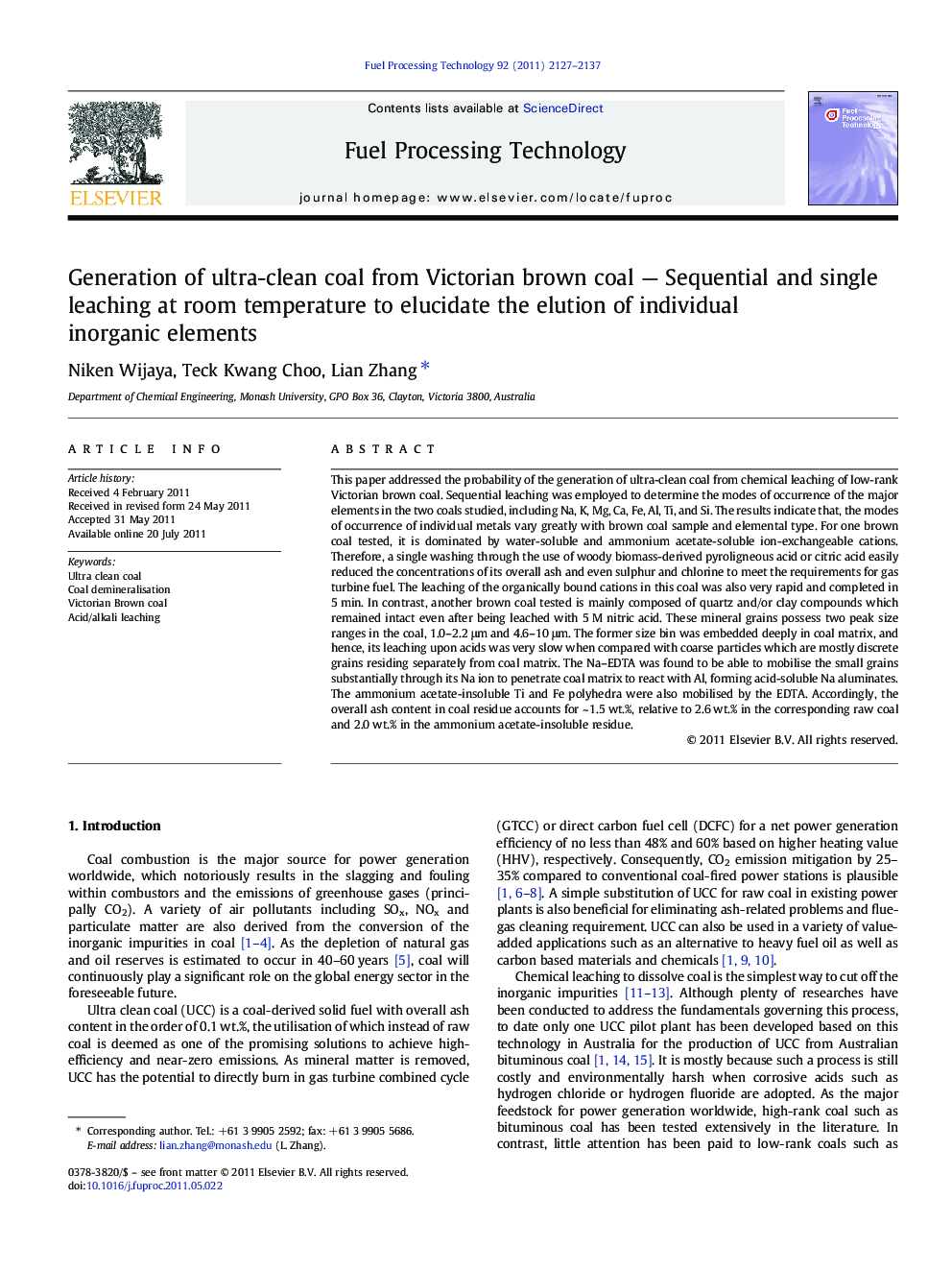 Generation of ultra-clean coal from Victorian brown coal — Sequential and single leaching at room temperature to elucidate the elution of individual inorganic elements