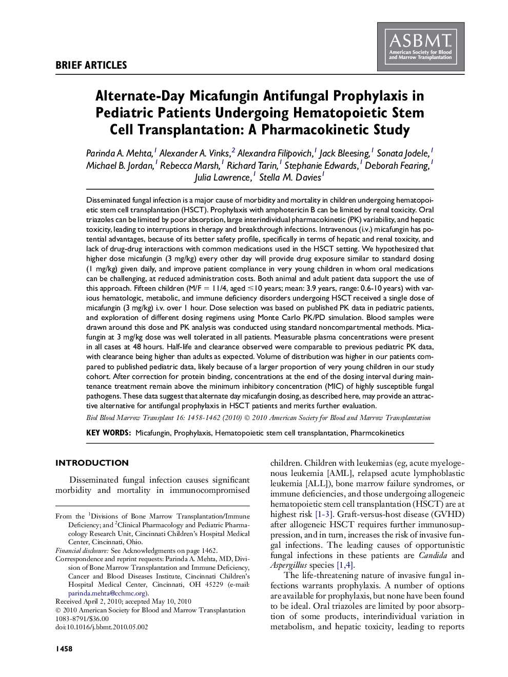 Alternate-Day Micafungin Antifungal Prophylaxis in Pediatric Patients Undergoing Hematopoietic Stem Cell Transplantation: A Pharmacokinetic Study 