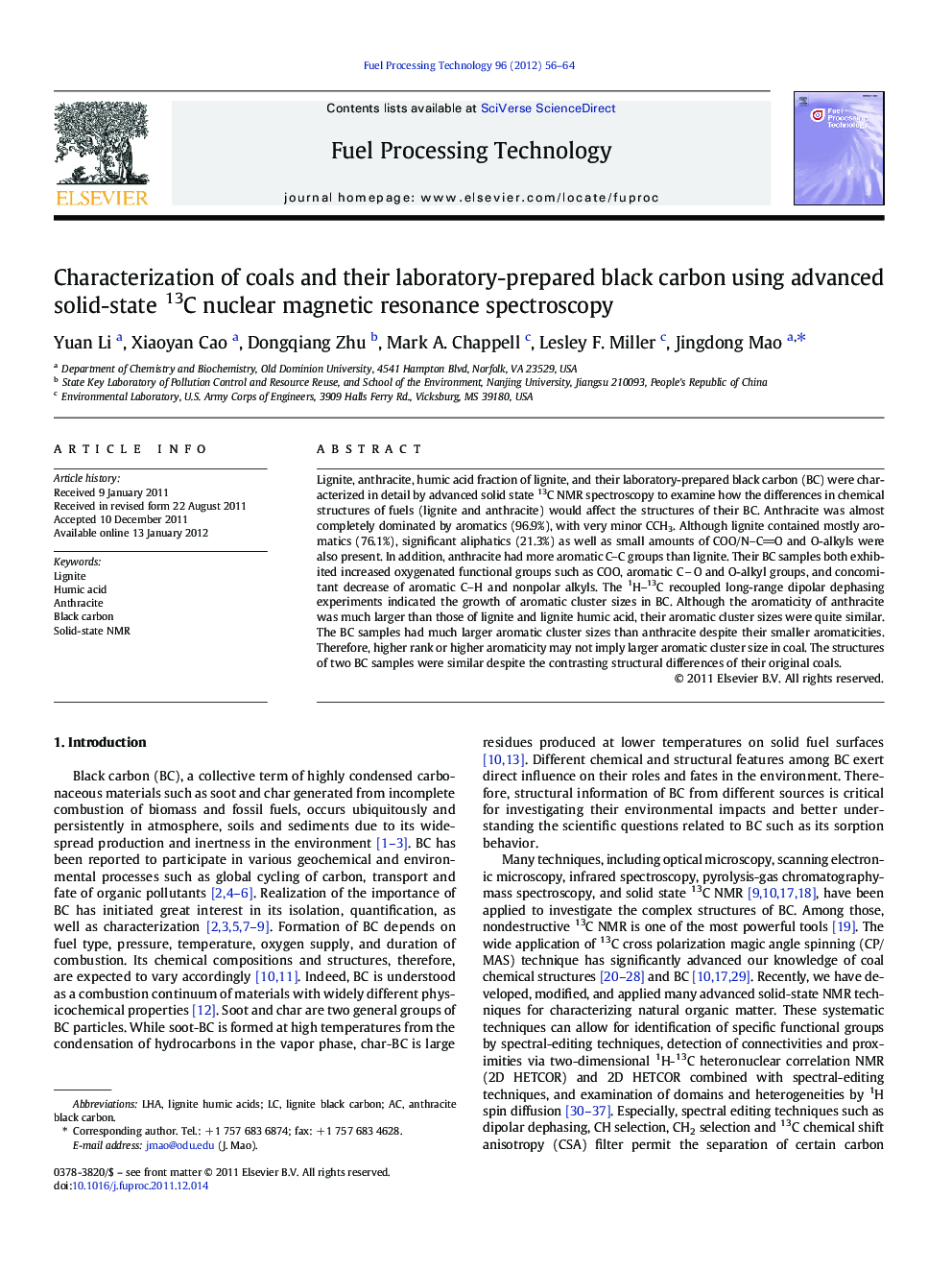 Characterization of coals and their laboratory-prepared black carbon using advanced solid-state 13C nuclear magnetic resonance spectroscopy