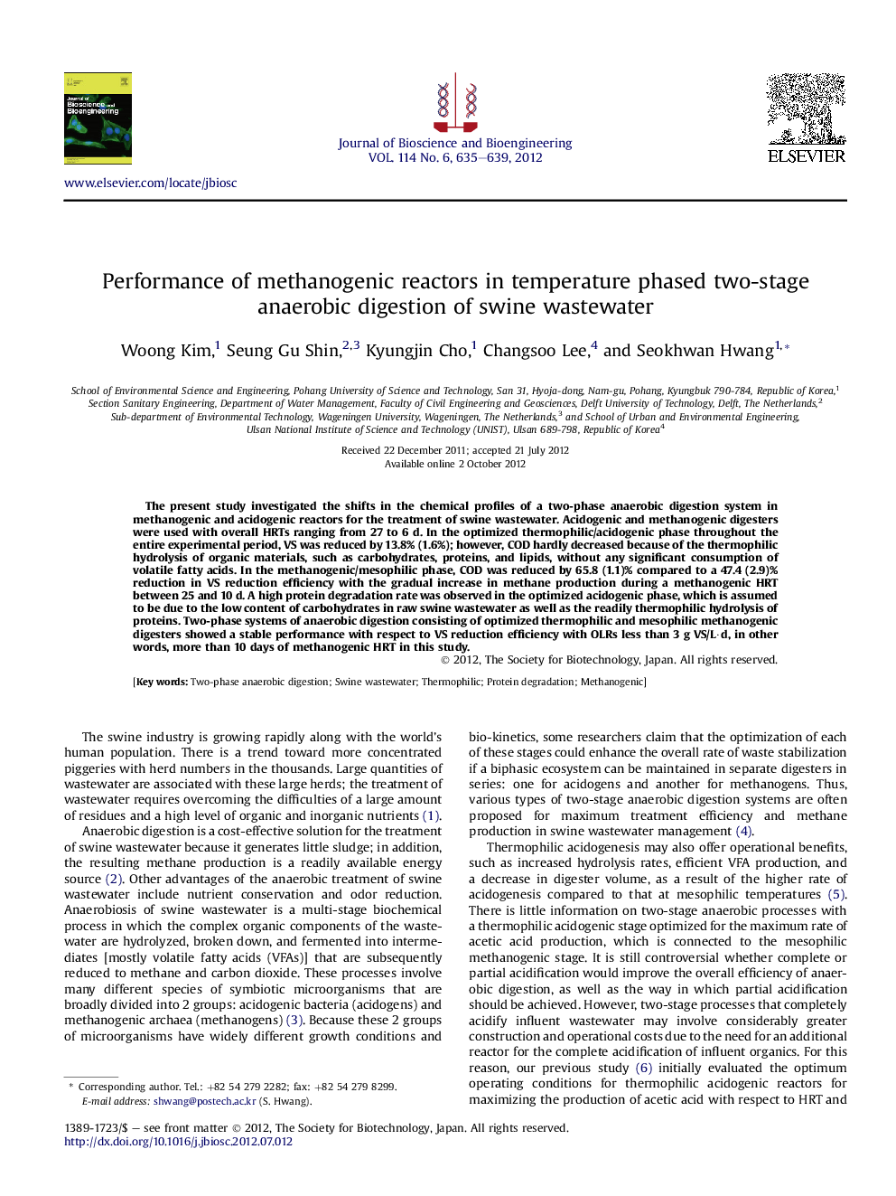 Performance of methanogenic reactors in temperature phased two-stage anaerobic digestion of swine wastewater