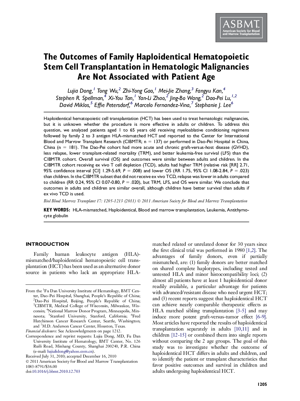 The Outcomes of Family Haploidentical Hematopoietic Stem Cell Transplantation in Hematologic Malignancies Are Not Associated with Patient Age 