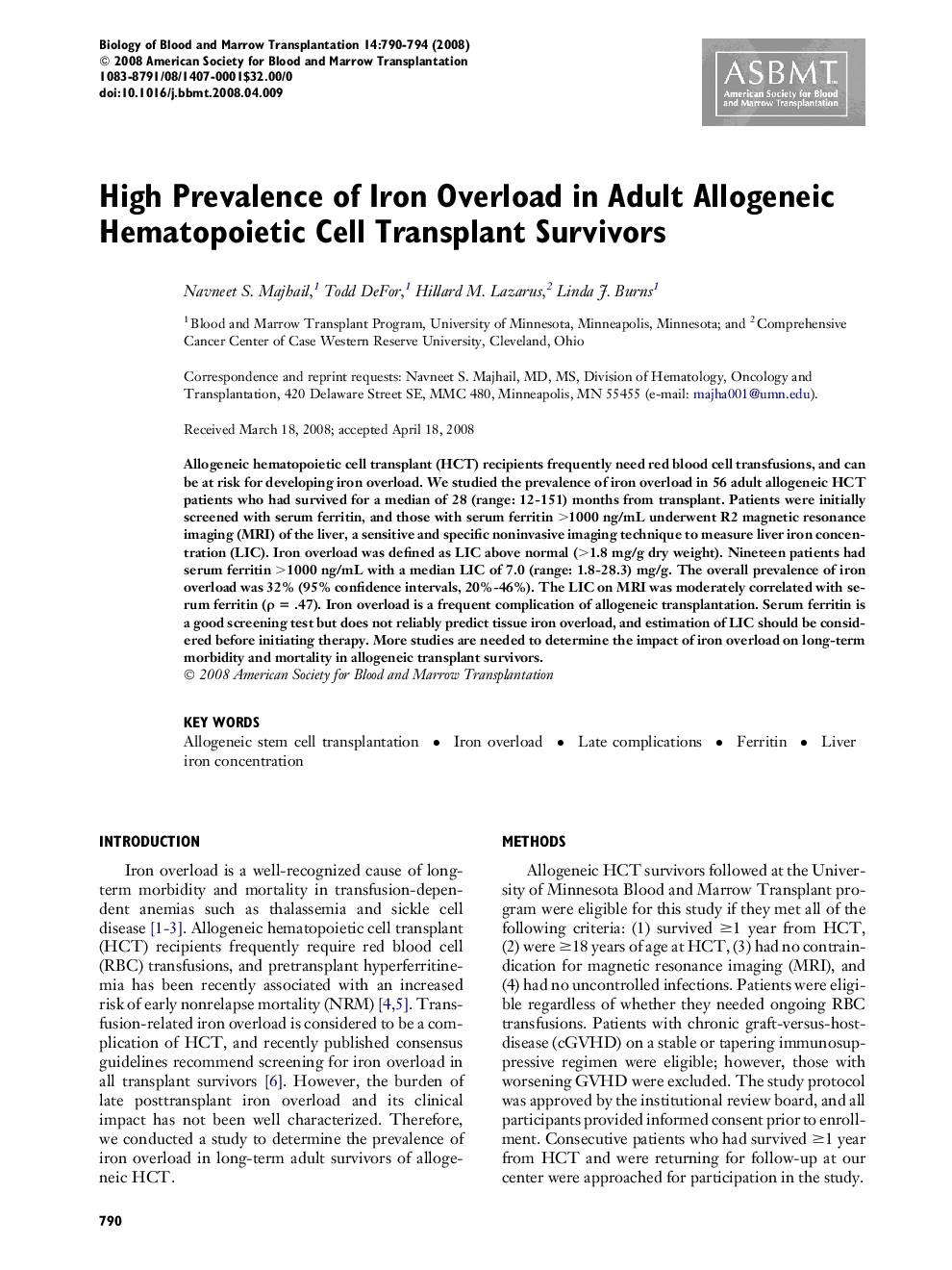 High Prevalence of Iron Overload in Adult Allogeneic Hematopoietic Cell Transplant Survivors