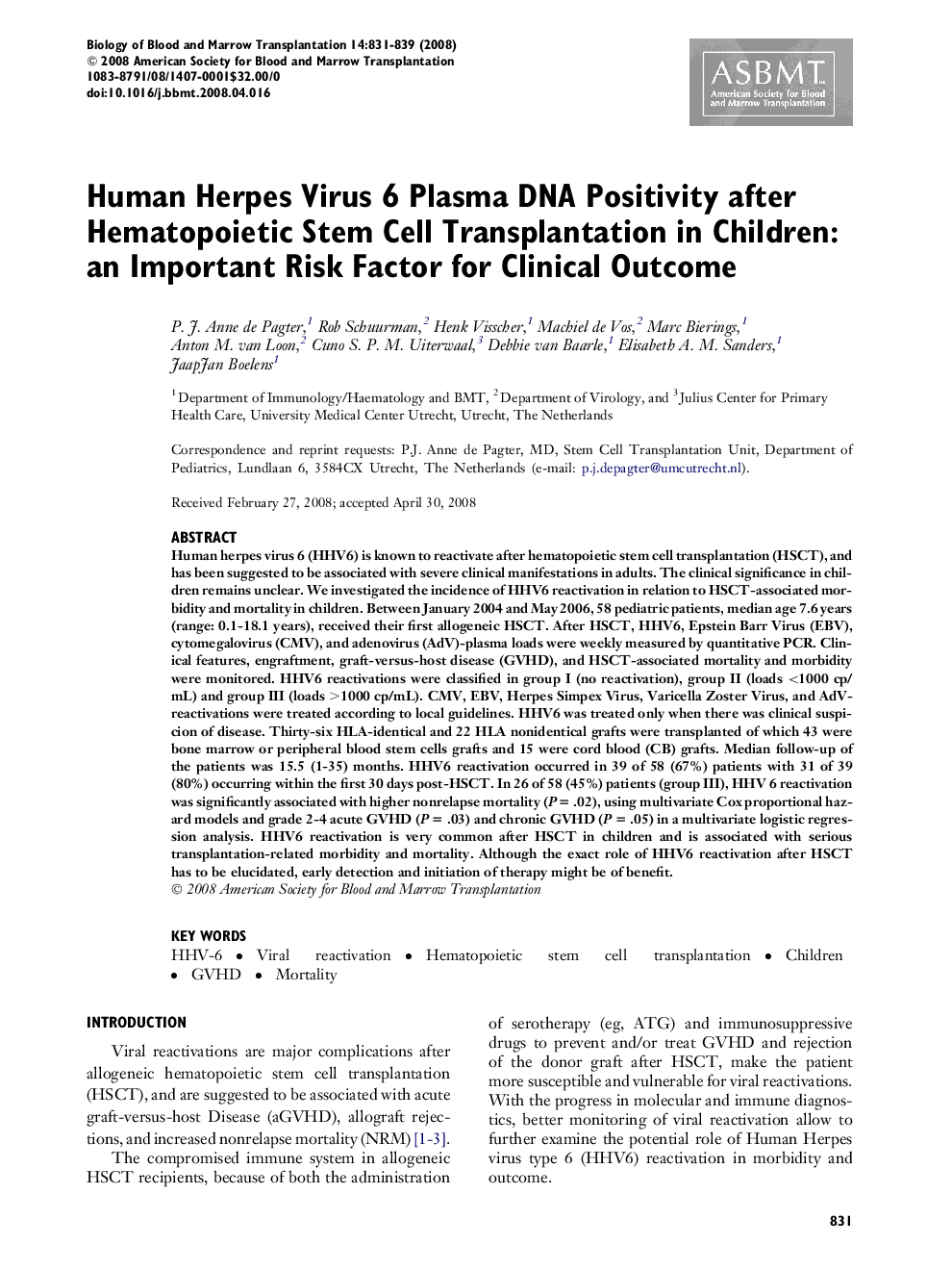 Human Herpes Virus 6 Plasma DNA Positivity after Hematopoietic Stem Cell Transplantation in Children: an Important Risk Factor for Clinical Outcome