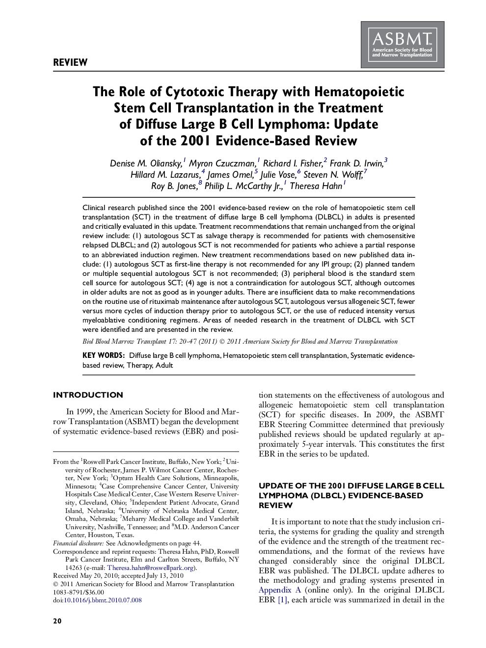 The Role of Cytotoxic Therapy with Hematopoietic Stem Cell Transplantation in the Treatment of Diffuse Large B Cell Lymphoma: Update of the 2001 Evidence-Based Review