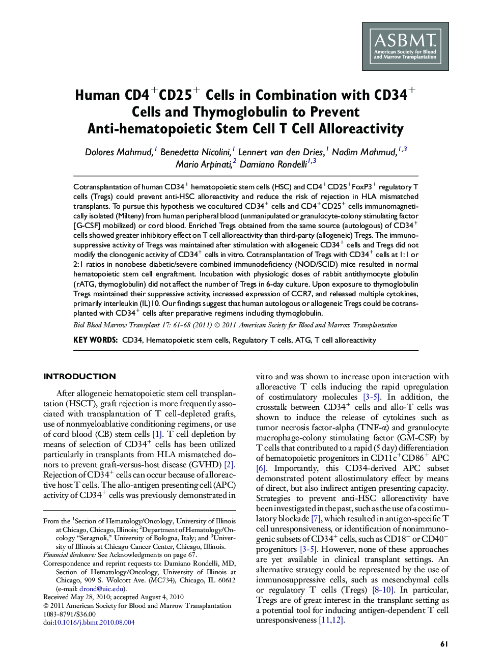 Human CD4+CD25+ Cells in Combination with CD34+ Cells and Thymoglobulin to Prevent Anti-hematopoietic Stem Cell T Cell Alloreactivity 