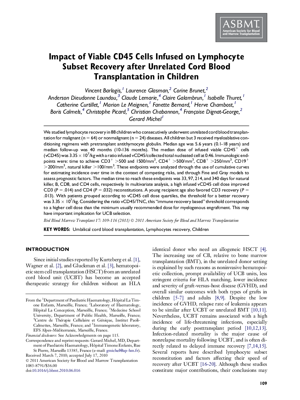 Impact of Viable CD45 Cells Infused on Lymphocyte Subset Recovery after Unrelated Cord Blood Transplantation in Children 