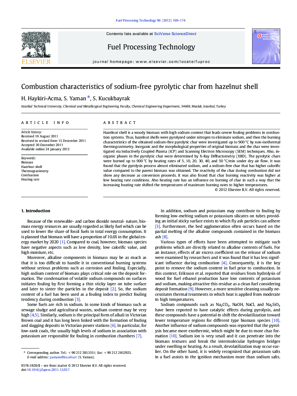 Combustion characteristics of sodium-free pyrolytic char from hazelnut shell