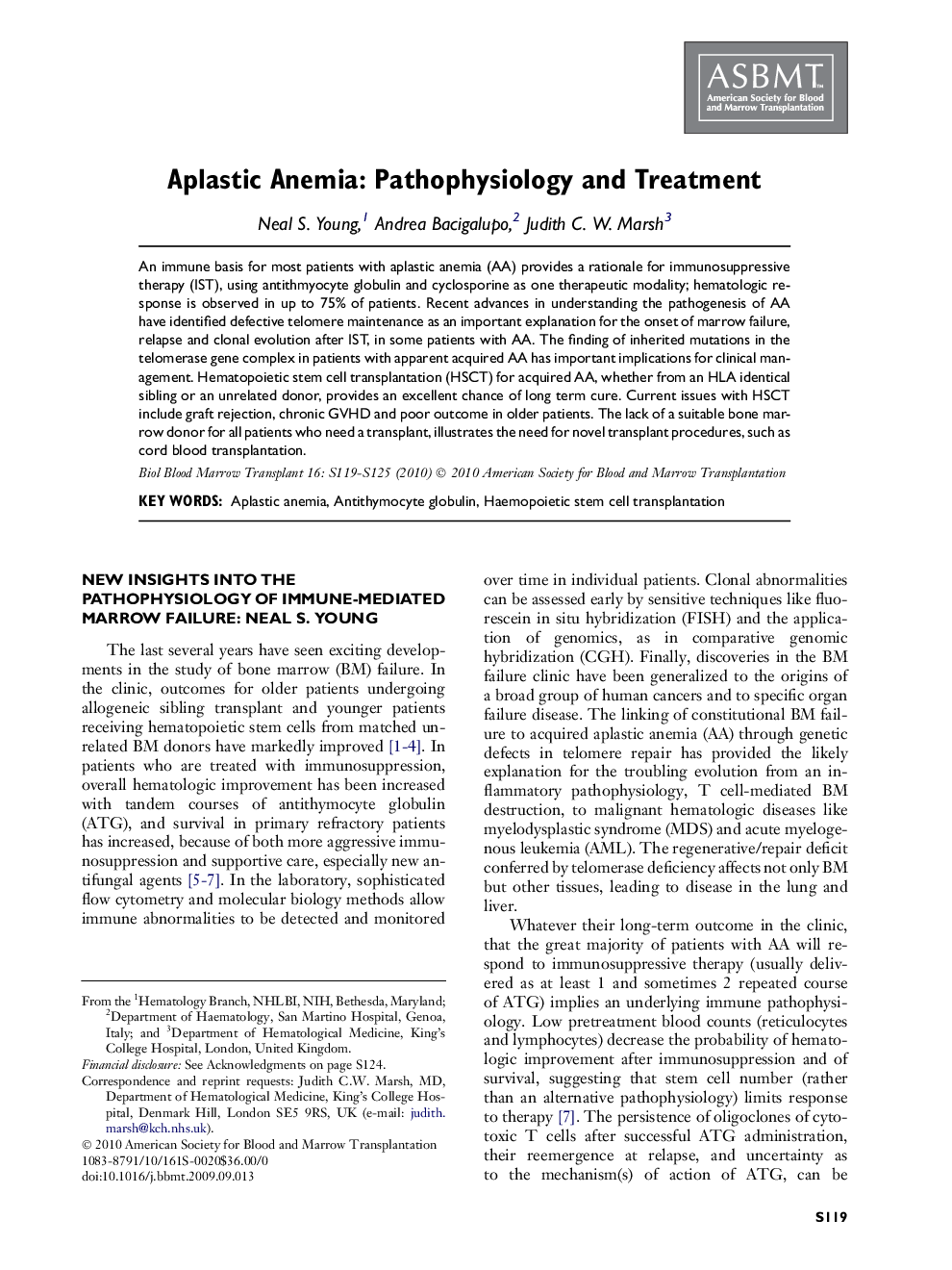 Aplastic Anemia: Pathophysiology and Treatment 