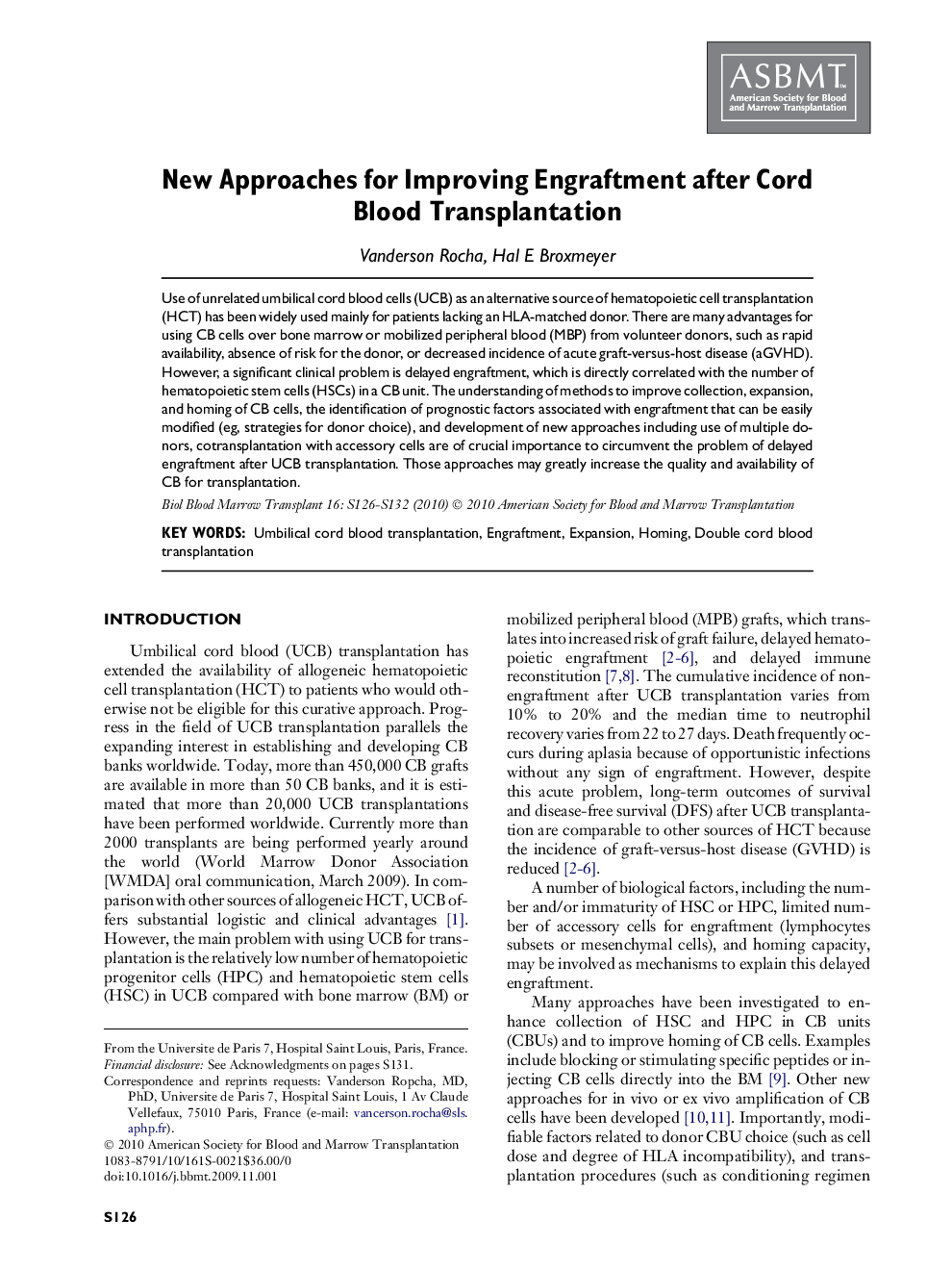 New Approaches for Improving Engraftment after Cord Blood Transplantation 