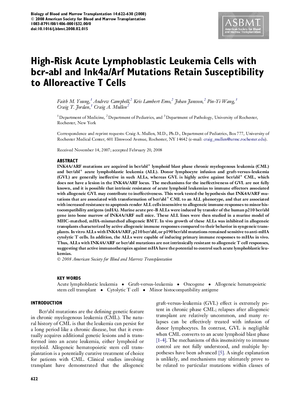 High-Risk Acute Lymphoblastic Leukemia Cells with bcr-abl and Ink4a/Arf Mutations Retain Susceptibility to Alloreactive T Cells