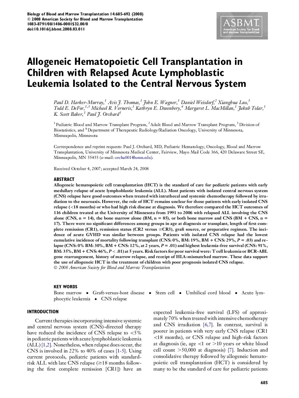 Allogeneic Hematopoietic Cell Transplantation in Children with Relapsed Acute Lymphoblastic Leukemia Isolated to the Central Nervous System