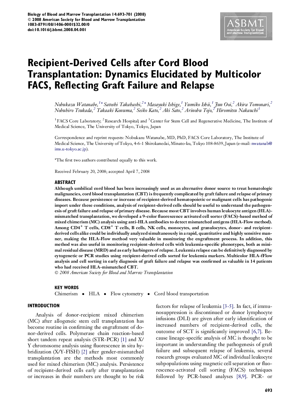 Recipient-Derived Cells after Cord Blood Transplantation: Dynamics Elucidated by Multicolor FACS, Reflecting Graft Failure and Relapse