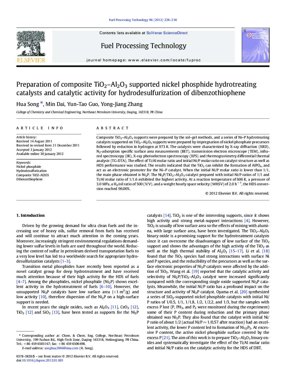 Preparation of composite TiO2–Al2O3 supported nickel phosphide hydrotreating catalysts and catalytic activity for hydrodesulfurization of dibenzothiophene