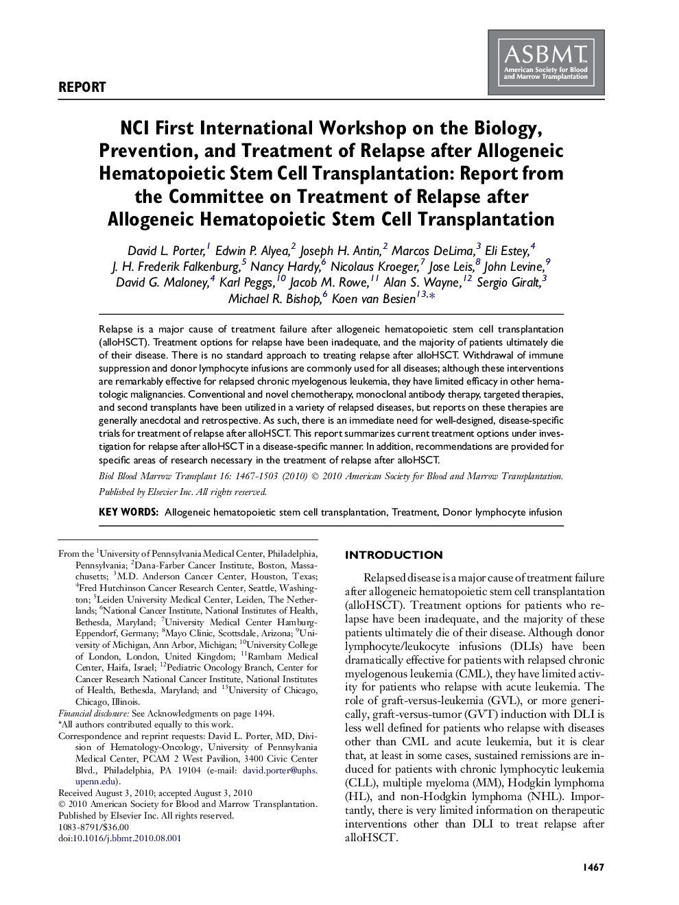 NCI First International Workshop on the Biology, Prevention, and Treatment of Relapse after Allogeneic Hematopoietic Stem Cell Transplantation: Report from the Committee on Treatment of Relapse after Allogeneic Hematopoietic Stem Cell Transplantation 