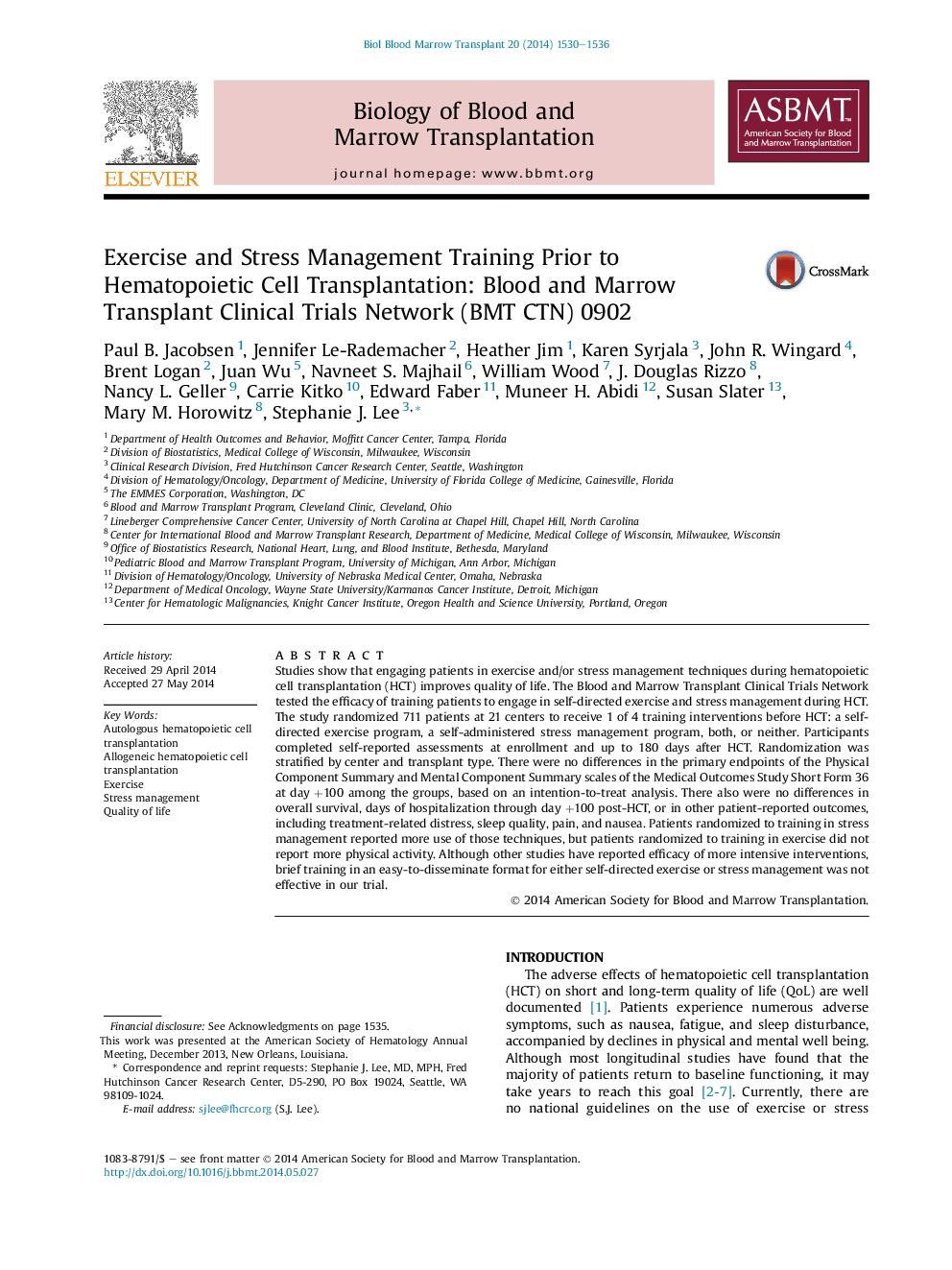 Exercise and Stress Management Training Prior to Hematopoietic Cell Transplantation: Blood and Marrow Transplant Clinical Trials Network (BMT CTN) 0902 