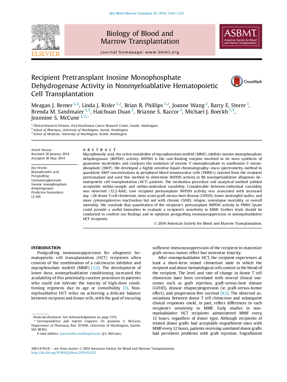 Recipient Pretransplant Inosine Monophosphate Dehydrogenase Activity in Nonmyeloablative Hematopoietic Cell Transplantation 