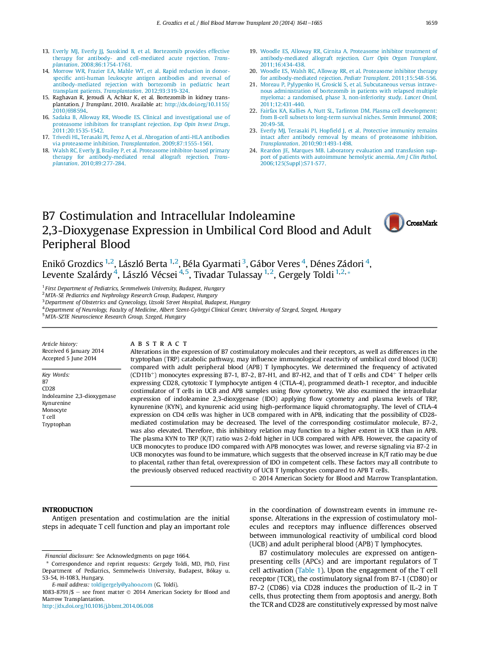 B7 Costimulation and Intracellular Indoleamine 2,3-Dioxygenase Expression in Umbilical Cord Blood and Adult Peripheral Blood 