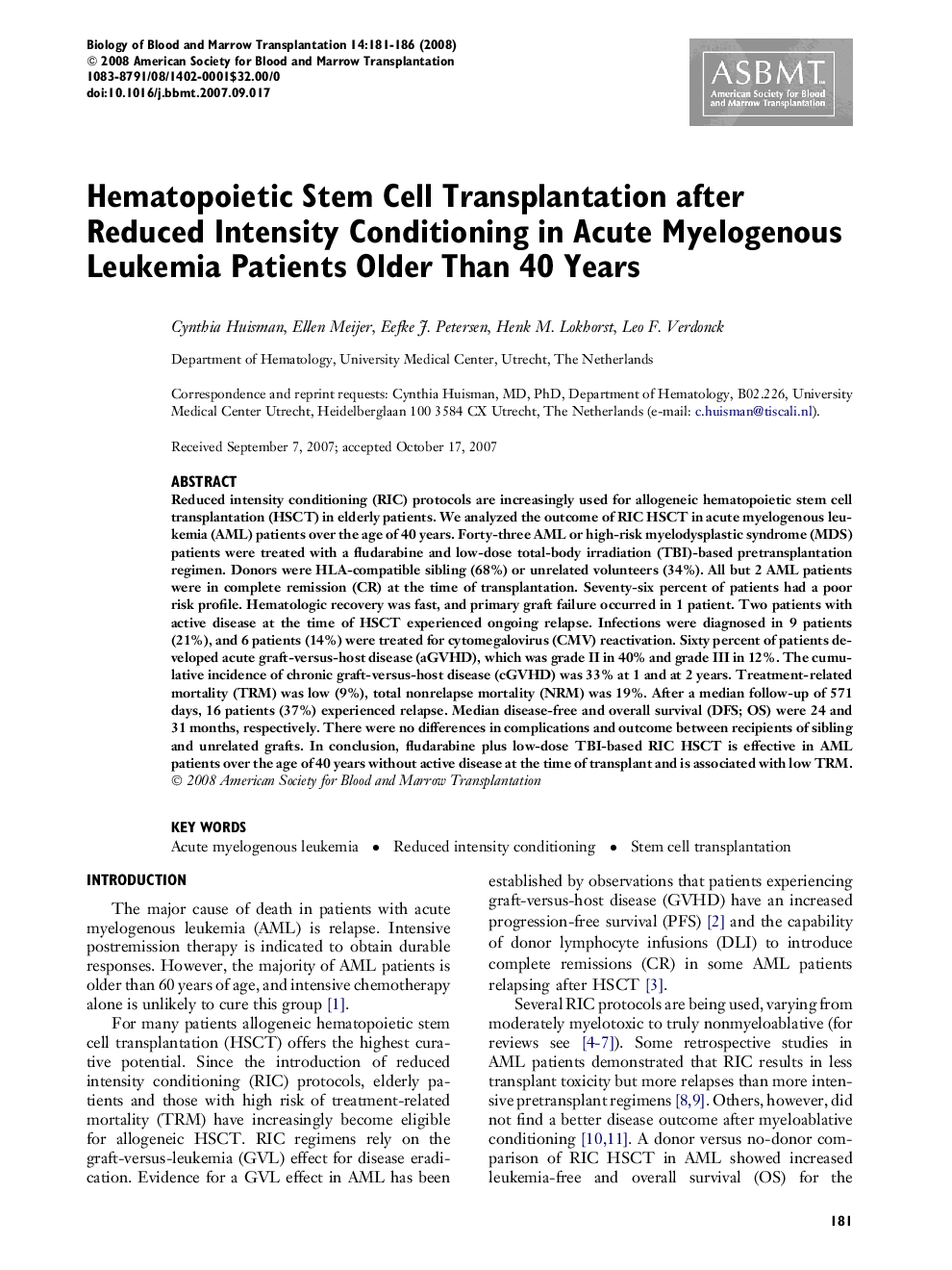 Hematopoietic Stem Cell Transplantation after Reduced Intensity Conditioning in Acute Myelogenous Leukemia Patients Older Than 40 Years