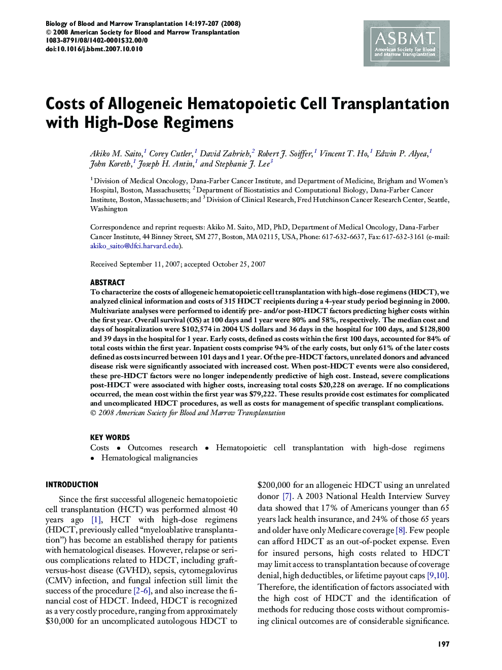 Costs of Allogeneic Hematopoietic Cell Transplantation with High-Dose Regimens