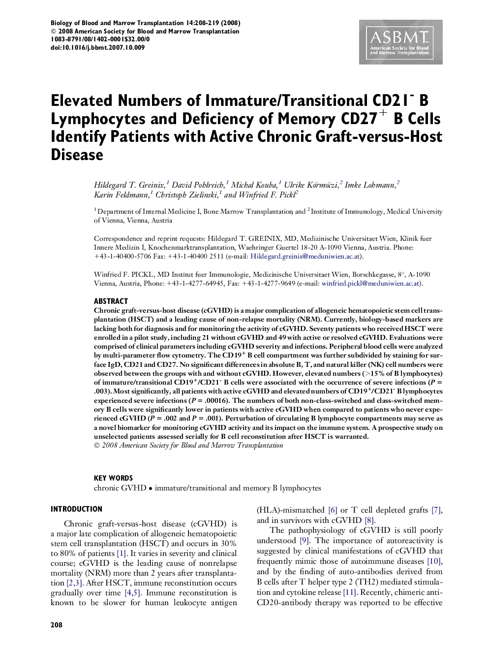 Elevated Numbers of Immature/Transitional CD21− B Lymphocytes and Deficiency of Memory CD27+ B Cells Identify Patients with Active Chronic Graft-versus-Host Disease