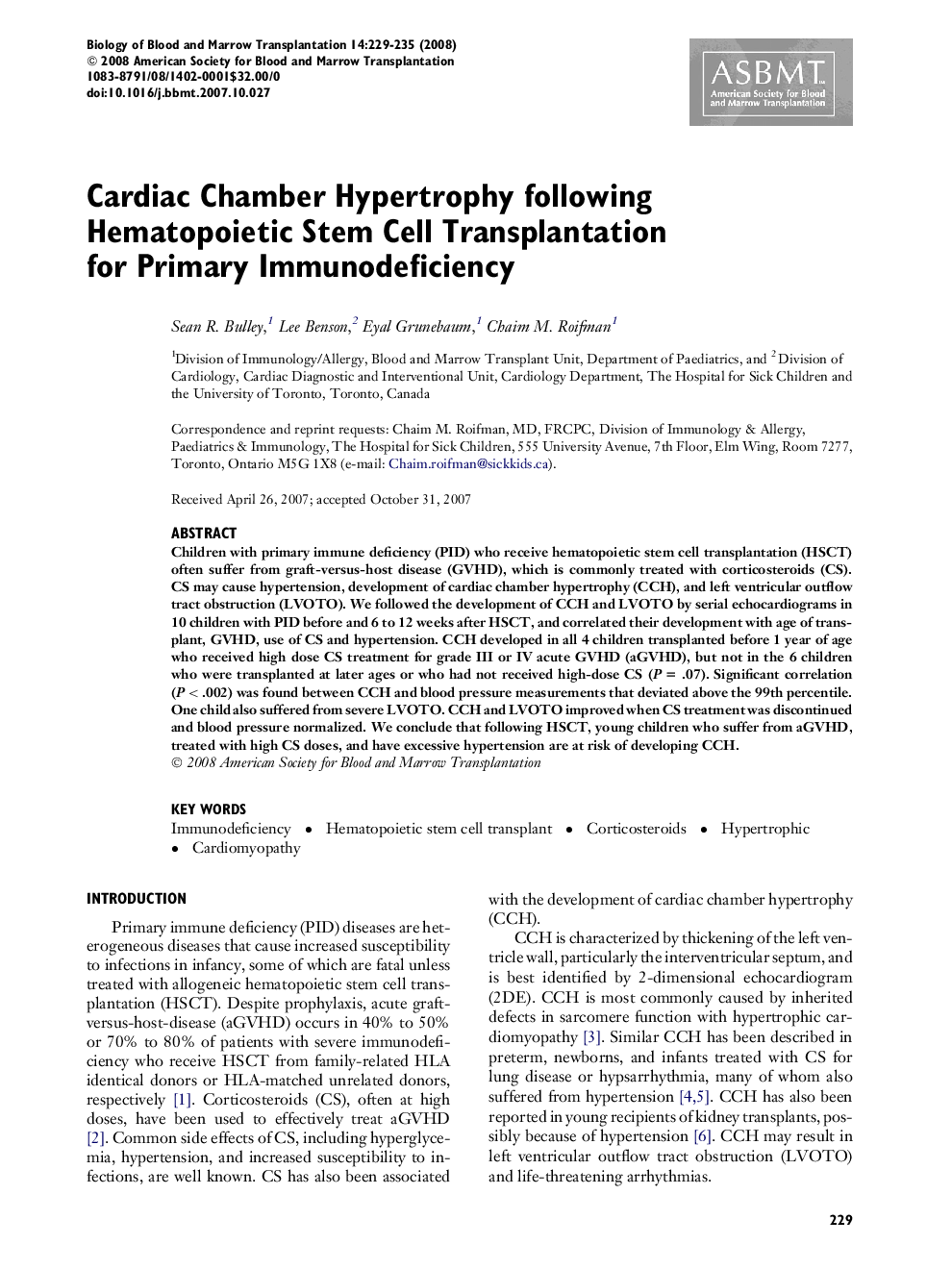 Cardiac Chamber Hypertrophy following Hematopoietic Stem Cell Transplantation for Primary Immunodeficiency