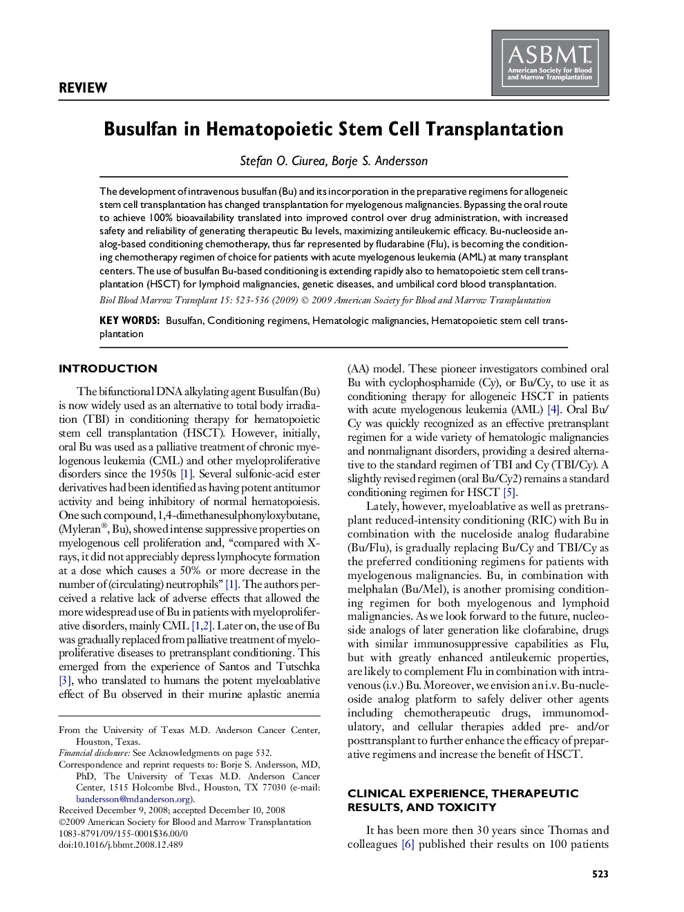 Busulfan in Hematopoietic Stem Cell Transplantation 