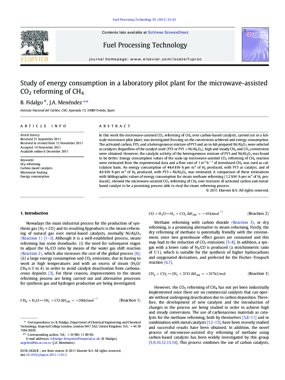 Study of energy consumption in a laboratory pilot plant for the microwave-assisted CO2 reforming of CH4