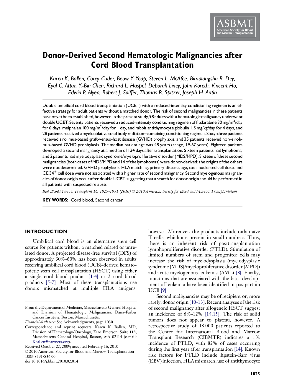 Donor-Derived Second Hematologic Malignancies after Cord Blood Transplantation 