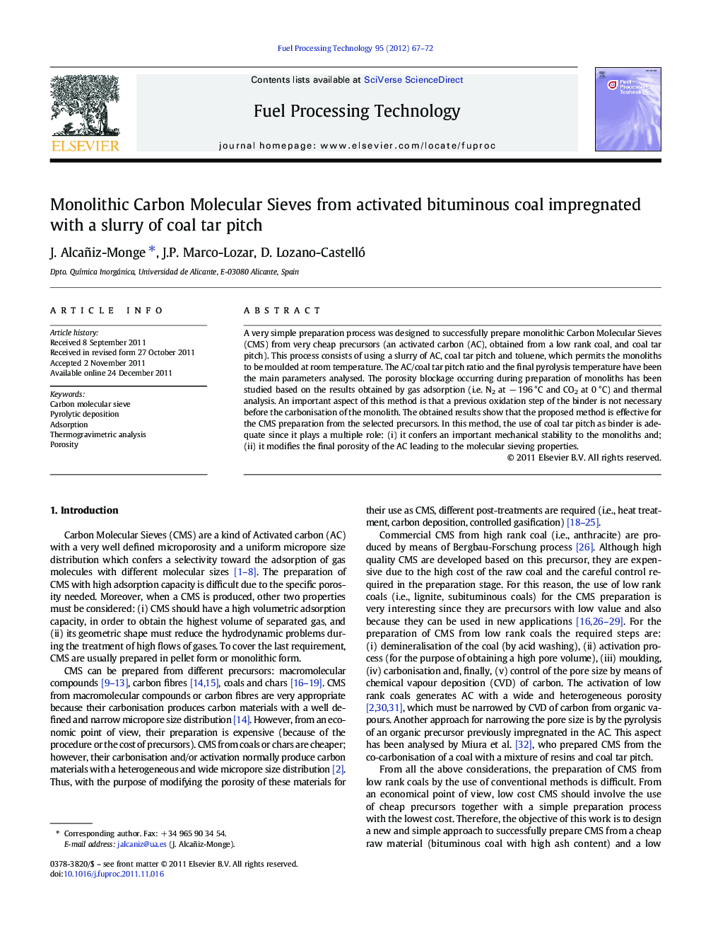 Monolithic Carbon Molecular Sieves from activated bituminous coal impregnated with a slurry of coal tar pitch