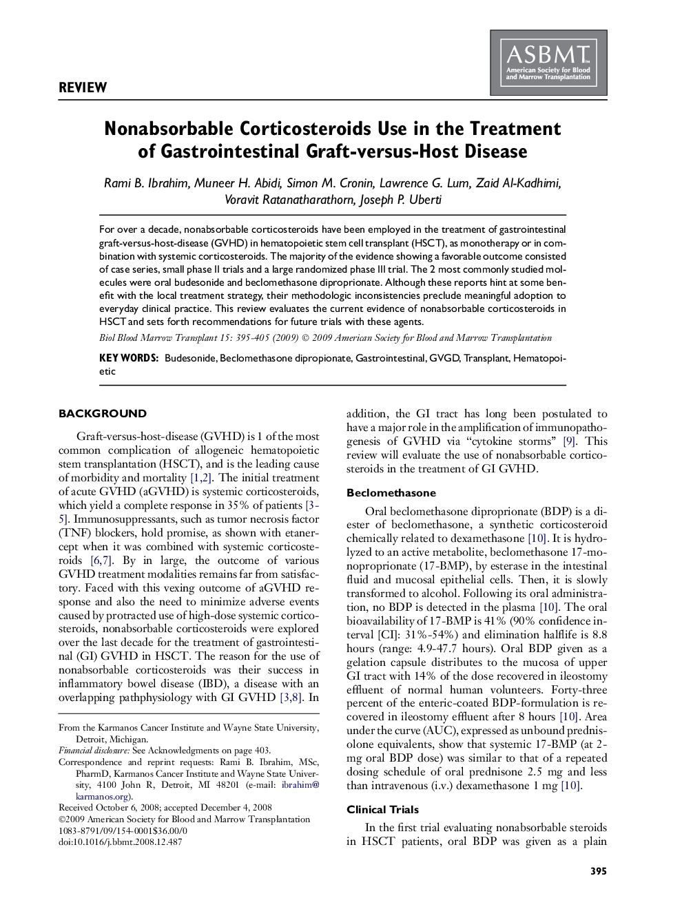 Nonabsorbable Corticosteroids Use in the Treatment of Gastrointestinal Graft-versus-Host Disease 