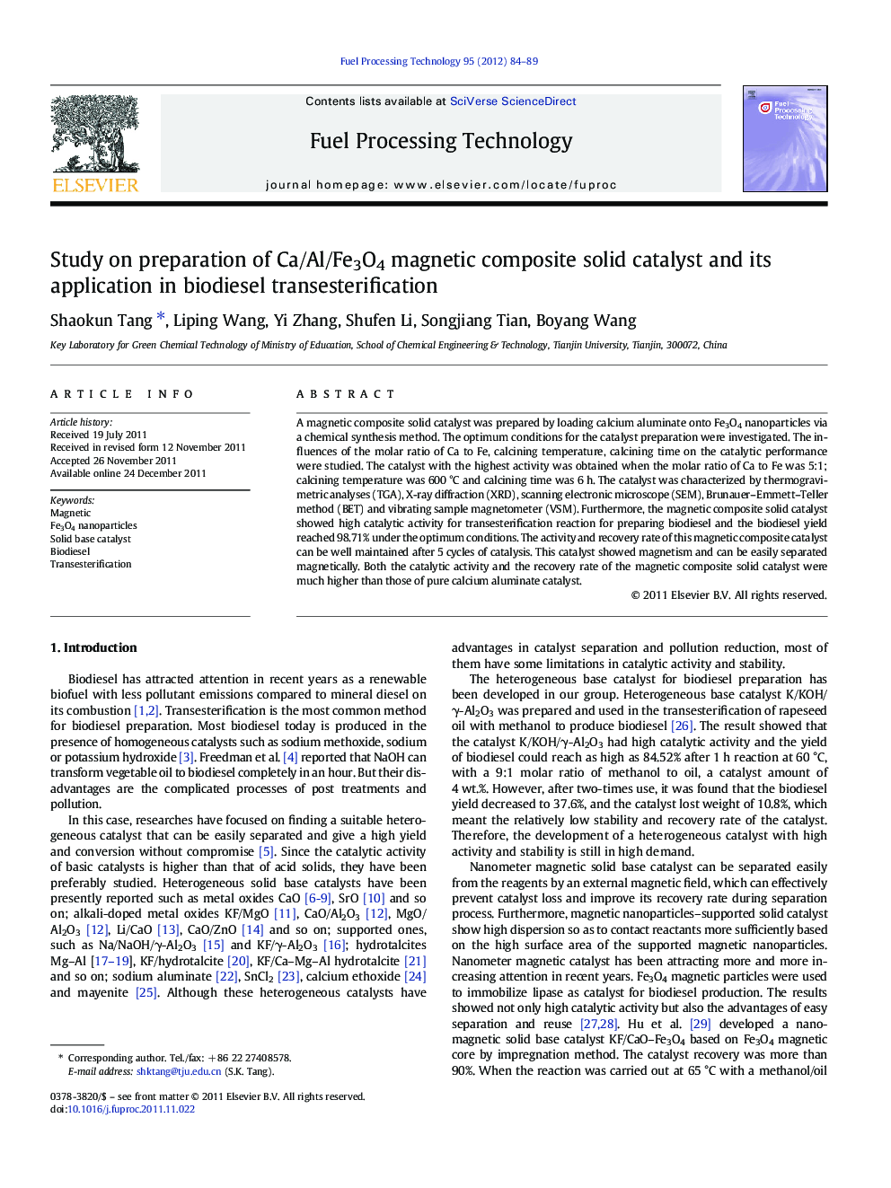 Study on preparation of Ca/Al/Fe3O4 magnetic composite solid catalyst and its application in biodiesel transesterification