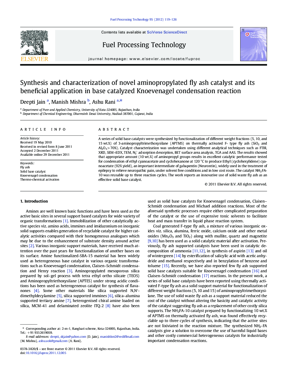 Synthesis and characterization of novel aminopropylated fly ash catalyst and its beneficial application in base catalyzed Knoevenagel condensation reaction