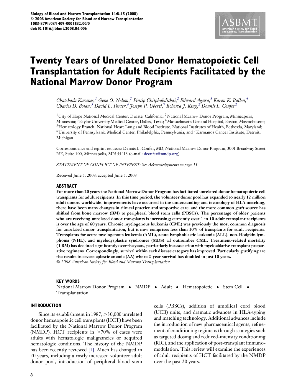 Twenty Years of Unrelated Donor Hematopoietic Cell Transplantation for Adult Recipients Facilitated by the National Marrow Donor Program 