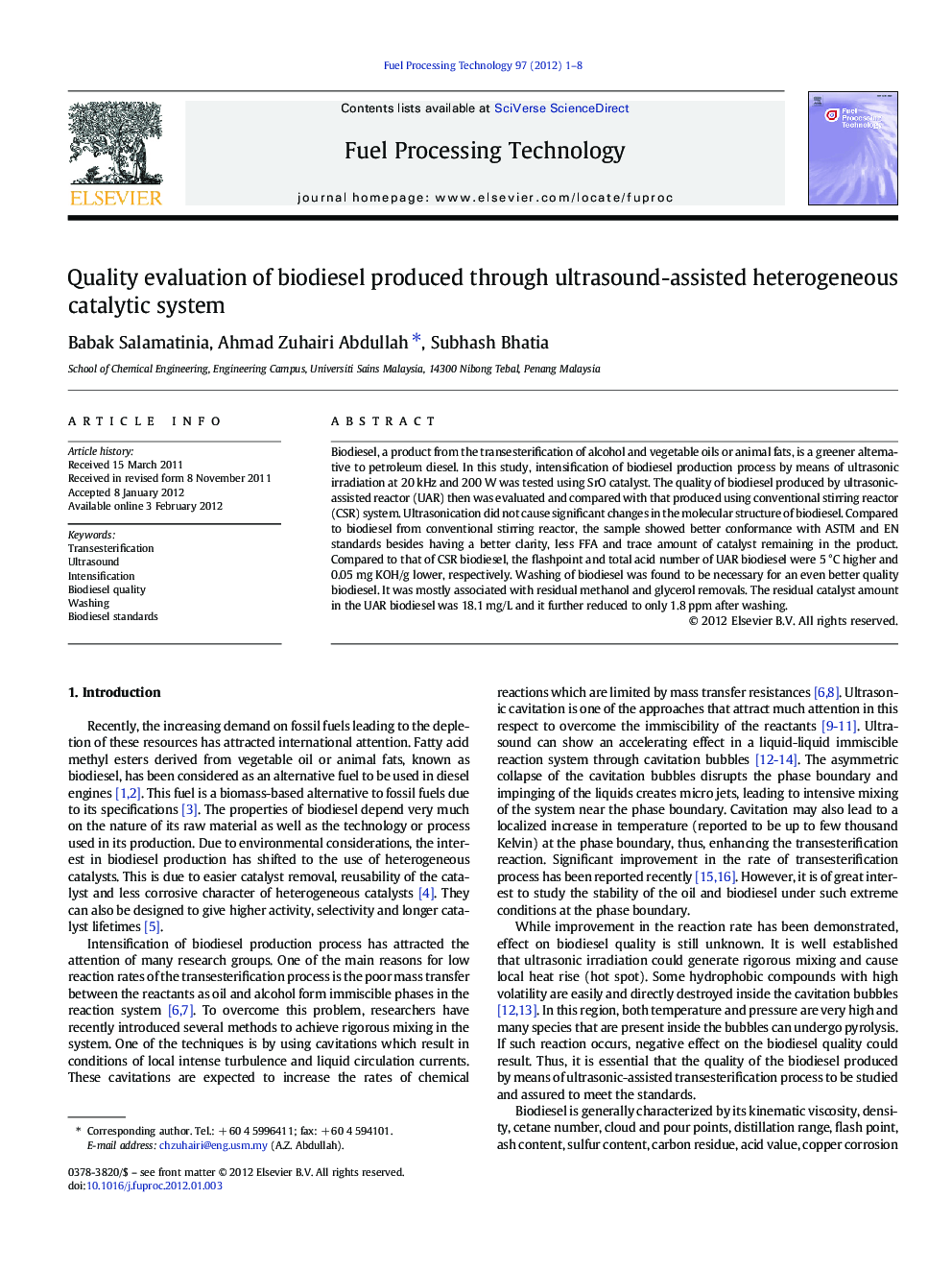 Quality evaluation of biodiesel produced through ultrasound-assisted heterogeneous catalytic system