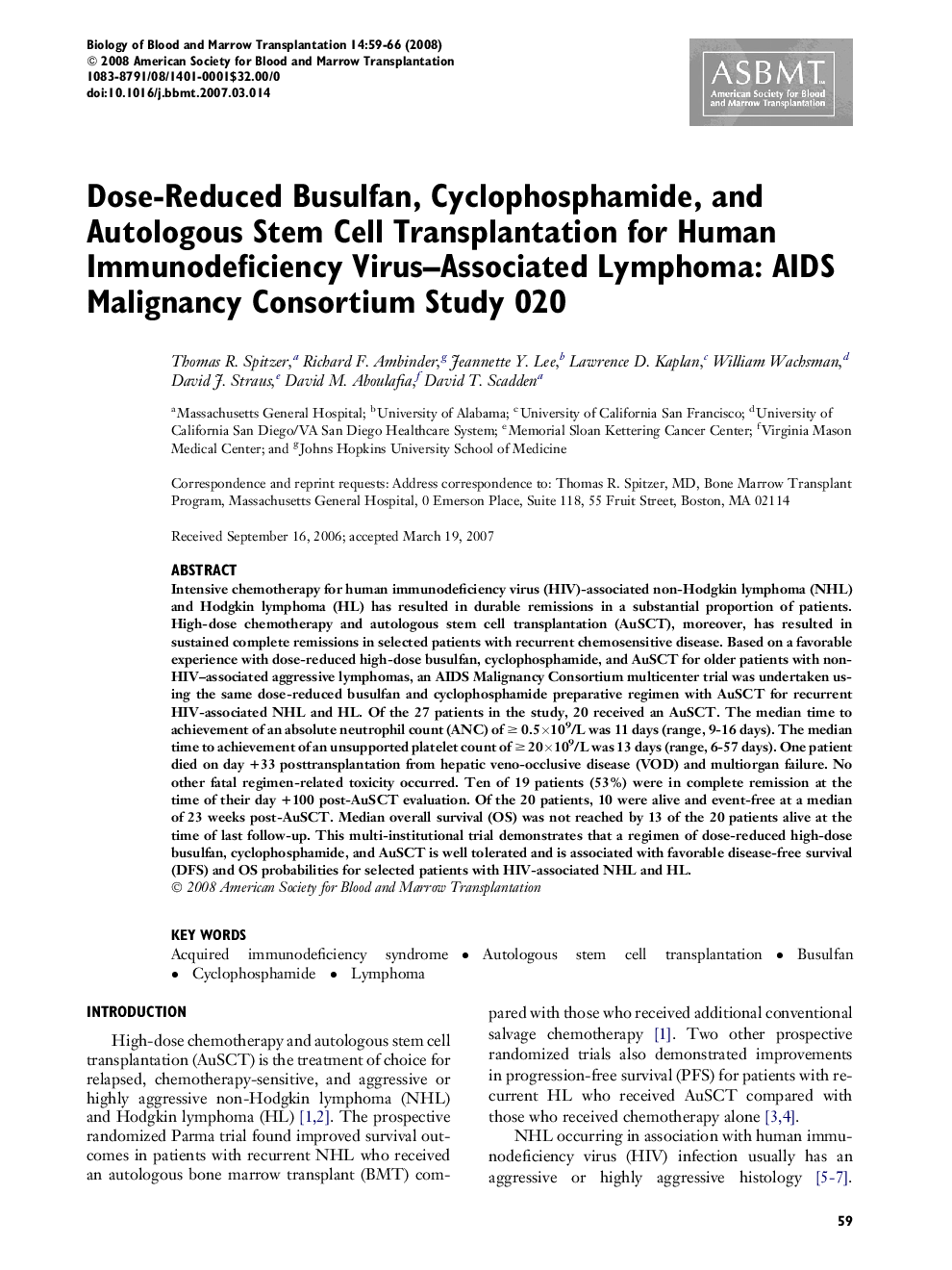 Dose-Reduced Busulfan, Cyclophosphamide, and Autologous Stem Cell Transplantation for Human Immunodeficiency Virus–Associated Lymphoma: AIDS Malignancy Consortium Study 020