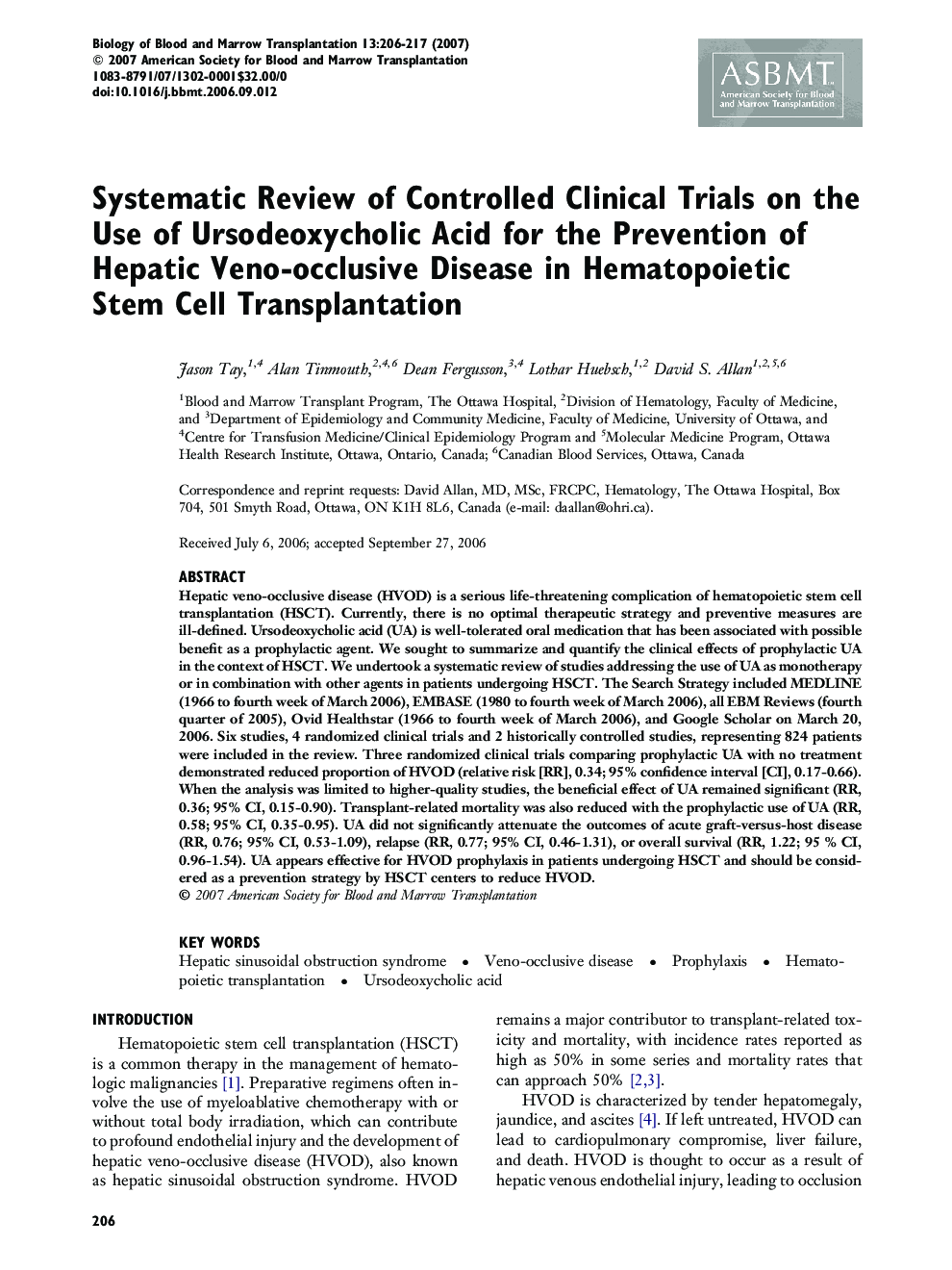 Systematic Review of Controlled Clinical Trials on the Use of Ursodeoxycholic Acid for the Prevention of Hepatic Veno-occlusive Disease in Hematopoietic Stem Cell Transplantation