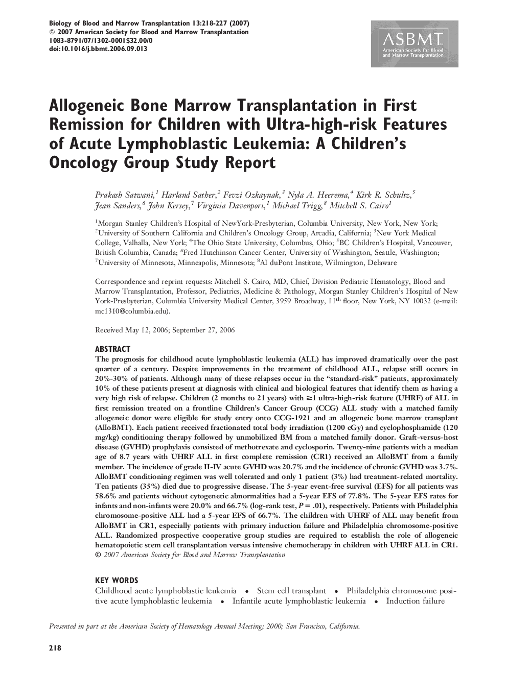 Allogeneic Bone Marrow Transplantation in First Remission for Children with Ultra-high-risk Features of Acute Lymphoblastic Leukemia: A Children’s Oncology Group Study Report