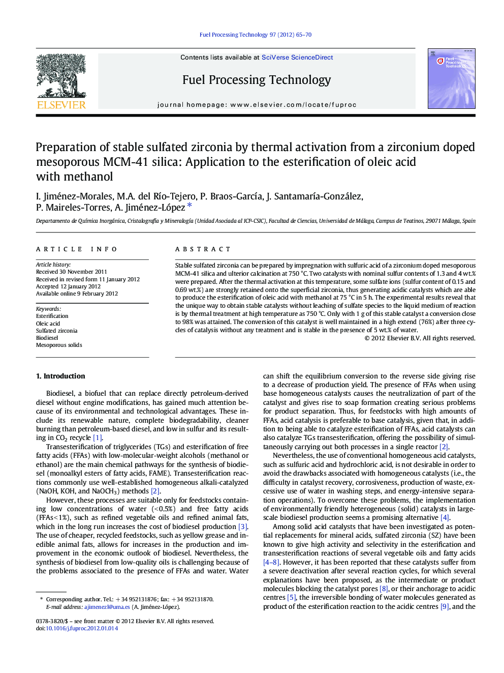 Preparation of stable sulfated zirconia by thermal activation from a zirconium doped mesoporous MCM-41 silica: Application to the esterification of oleic acid with methanol