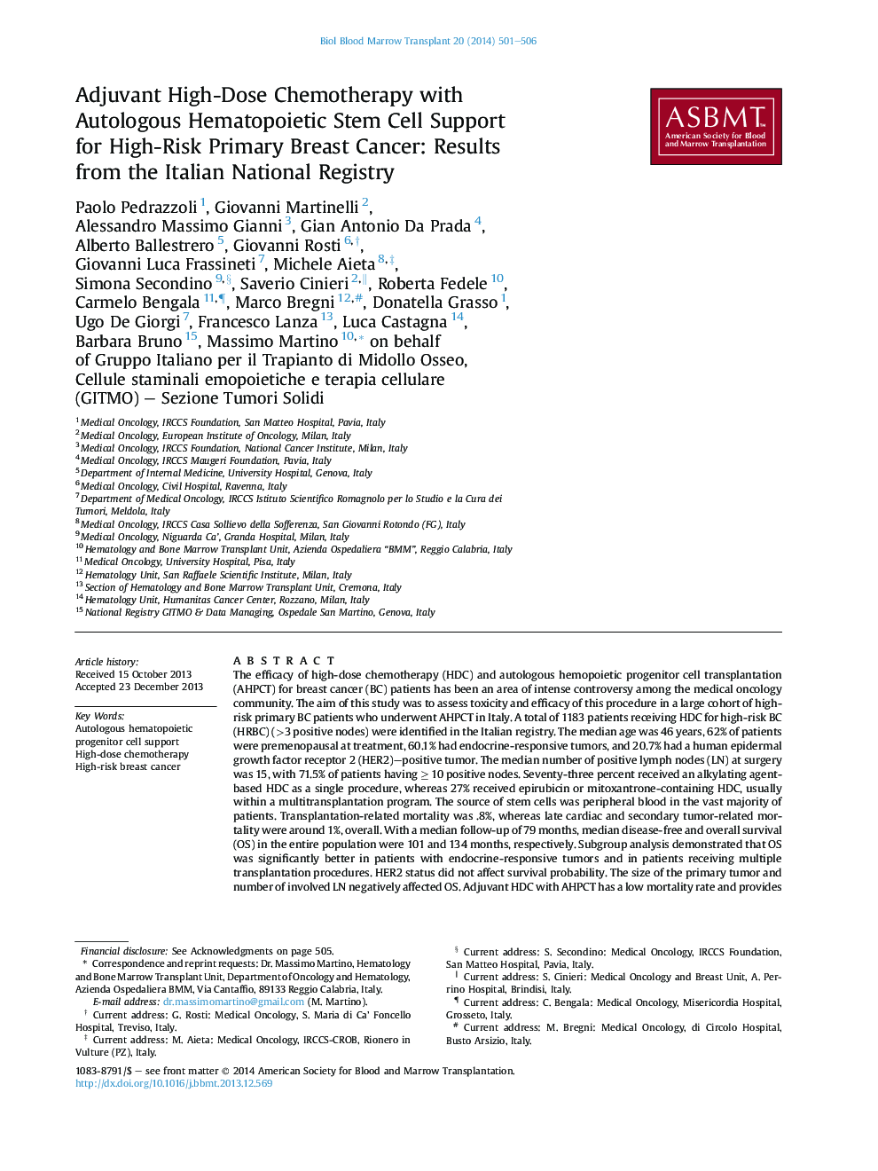 Adjuvant High-Dose Chemotherapy with Autologous Hematopoietic Stem Cell Support for High-Risk Primary Breast Cancer: Results from the Italian National Registry 