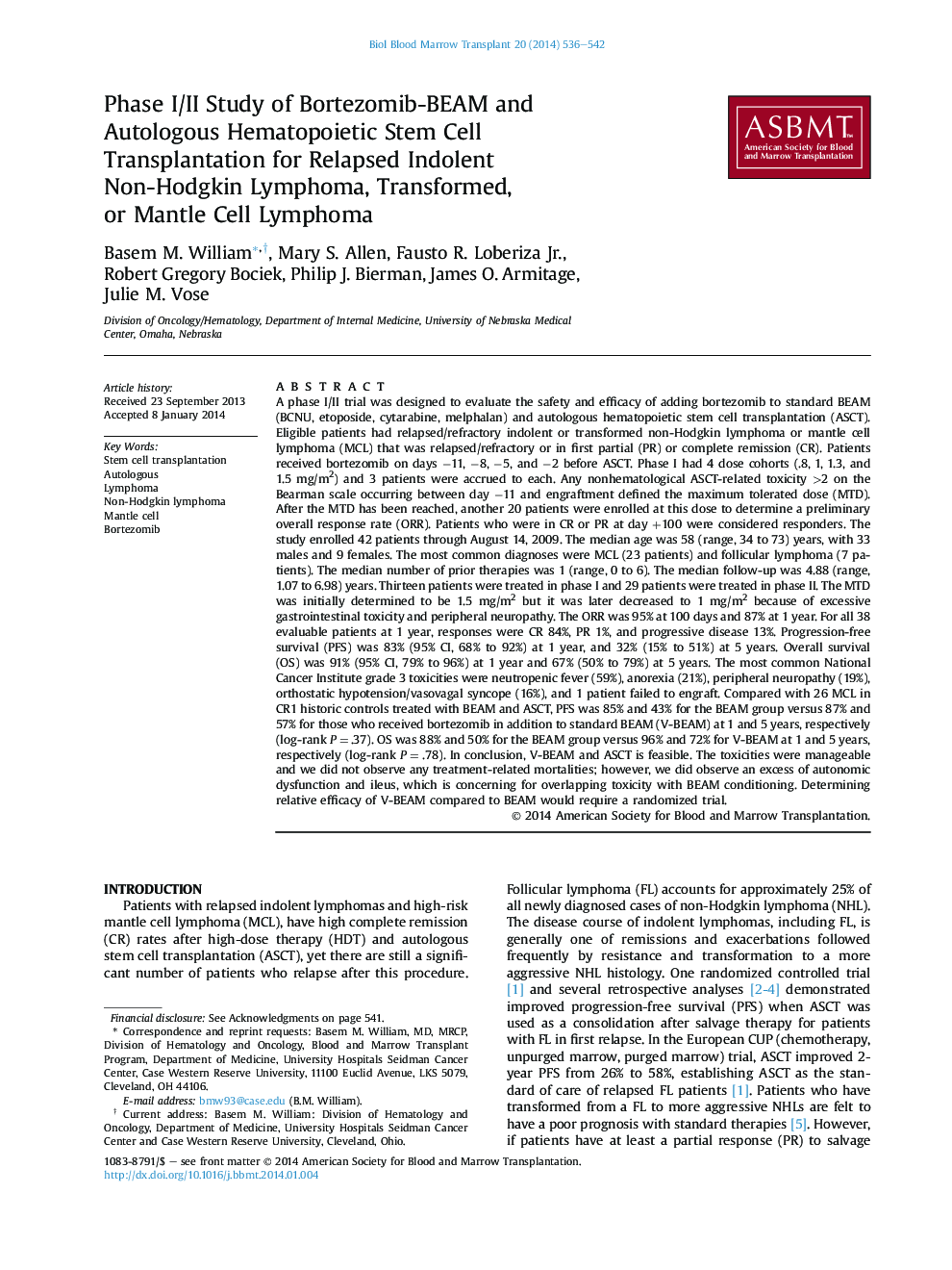 Phase I/II Study of Bortezomib-BEAM and Autologous Hematopoietic Stem Cell Transplantation for Relapsed Indolent Non-Hodgkin Lymphoma, Transformed, or Mantle Cell Lymphoma 