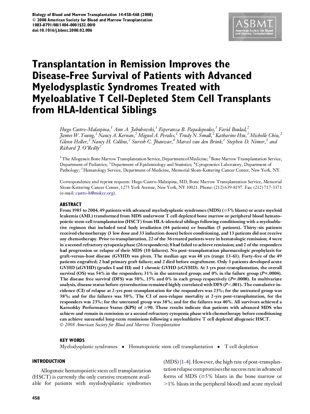 Transplantation in Remission Improves the Disease-Free Survival of Patients with Advanced Myelodysplastic Syndromes Treated with Myeloablative T Cell-Depleted Stem Cell Transplants from HLA-Identical Siblings