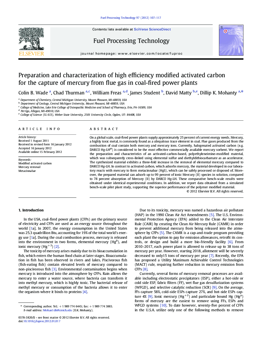 Preparation and characterization of high efficiency modified activated carbon for the capture of mercury from flue gas in coal-fired power plants