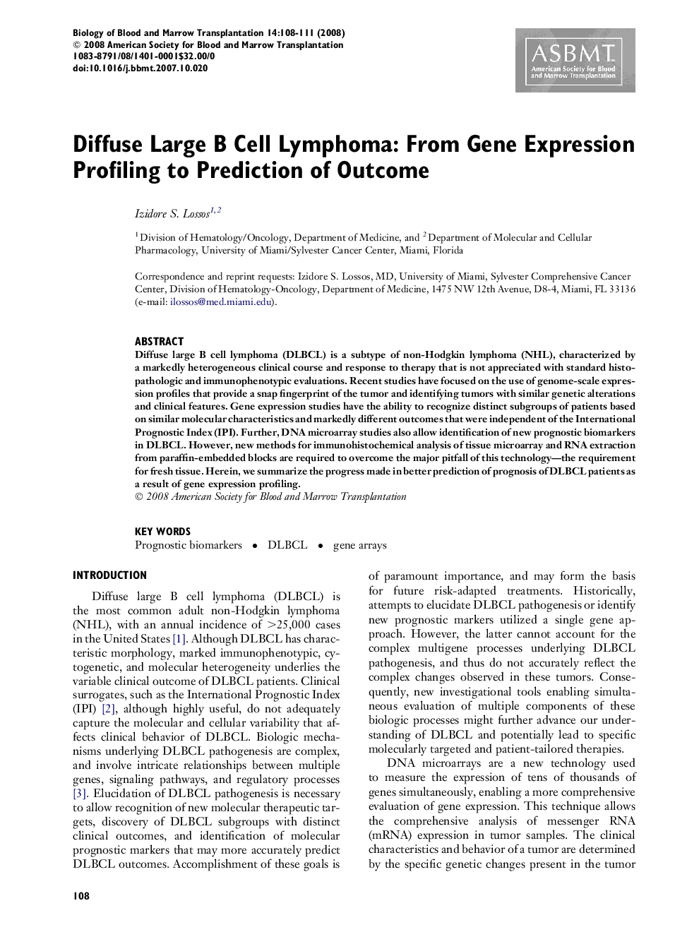 Diffuse Large B Cell Lymphoma: From Gene Expression Profiling to Prediction of Outcome