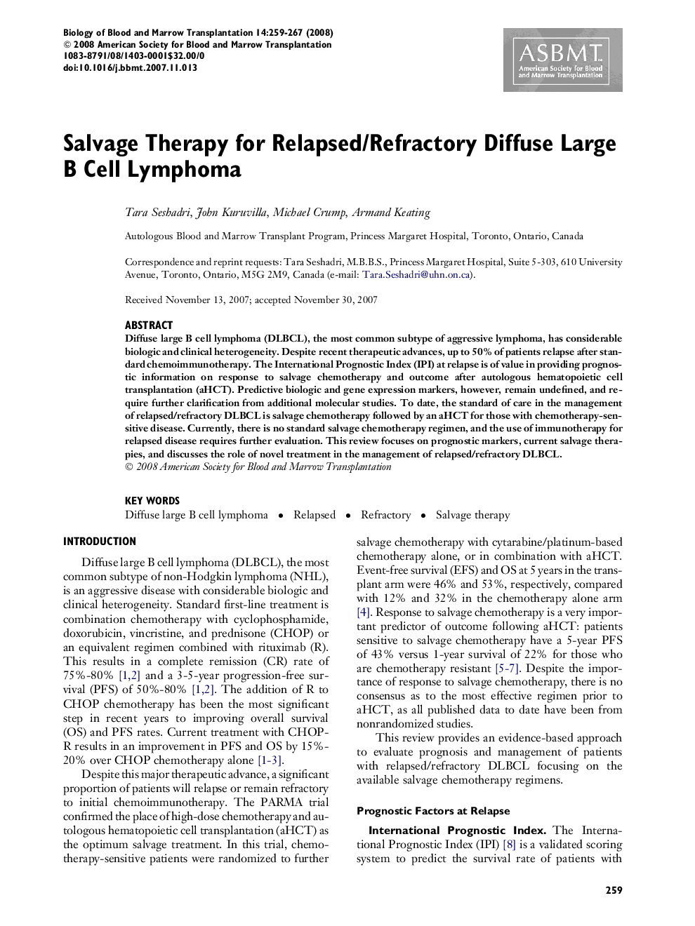 Salvage Therapy for Relapsed/Refractory Diffuse Large B Cell Lymphoma